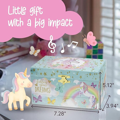 The Memory Building Co Unicorn Musical Jewelry Box Plays Classic Melody, Storage Organizer Music Box for Kids Ages 6-12, MDF Wood w/ 2 Fabric Lined Ring Bracelet Necklace Treasure Compartments