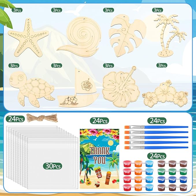 Saypacck 24 Pcs Summer Hawaiian Party Favors Wooden Craft Kits Hawaiian Tropical Ocean Theme Painting Wooden with Bag Color Your Own Palm Leaf Flower Luau Birthday Supplies