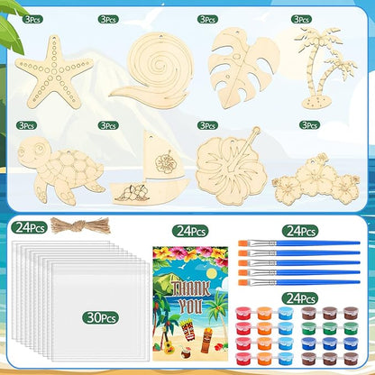 Saypacck 24 Pcs Summer Hawaiian Party Favors Wooden Craft Kits Hawaiian Tropical Ocean Theme Painting Wooden with Bag Color Your Own Palm Leaf Flower Luau Birthday Supplies