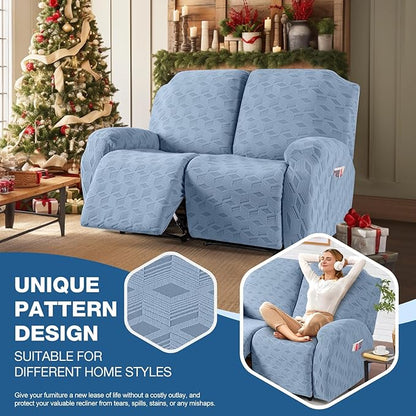 TAOCOCO Recliner Loveseat Cover, Stretch Jacquard Reclining Loveseat Cover Furniture Protector Sofa Slipcovers 2 Seat Recliner Covers with Elastic Bottom for Kids, Pets (Light Blue)