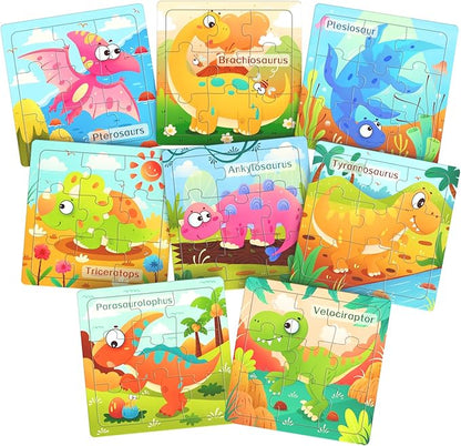 Wooden Puzzles for Toddlers, 8 Pack Dinosaur Jigsaw Puzzles for Kids3-5, 9 Pieces Preschool Learning Activities, Learning & Educational Puzzles, Gift for Boys, Girls