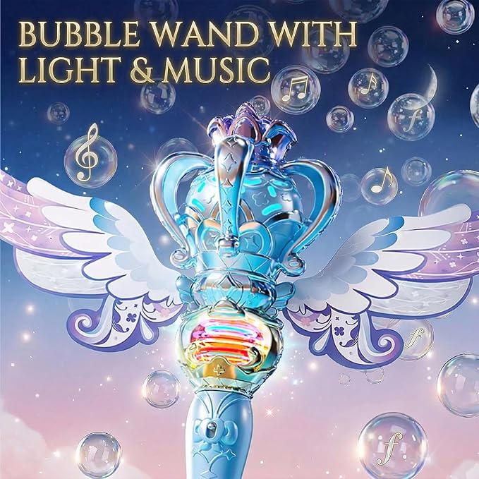 Uregoio Princess Bubble Wands Machine for Kids with Rotating Design, Outdoor Bubble Maker Toys for Kids Ages 4-8, Rechargeable Light Up & Music Fairy Wands, Party Birthday for 3+ Year Old Girls(Blue)