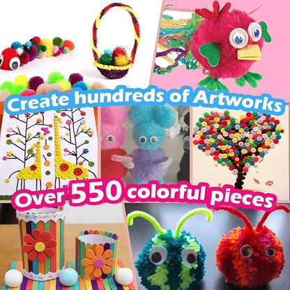 MOISO Kids Crafts and Art Supplies Jar Kit - 560+ Piece Set - Make Bracelets and Necklaces - Plus Glitter Glue, Construction Paper, Colored Popsicle Sticks, Eyes, Pipe Cleaners…