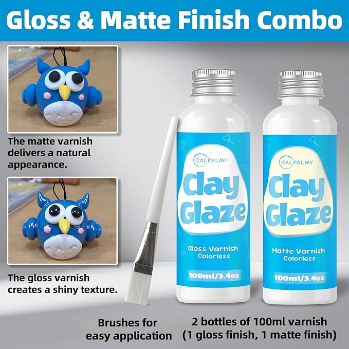 CALPALMY 2 x 100ml Clay Glaze Kit - Varnish Sealant for Pottery, Crafts, Polymer Clay, Acrylic Paint - Waterproof, Scratch-Resistant Clear Gloss for Air Dry Clay (Gloss+Matte)
