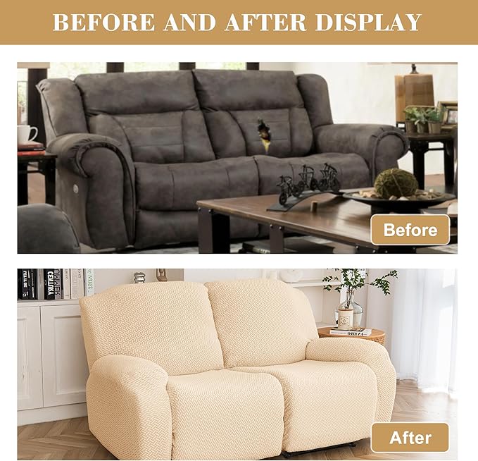 Jin Le 6 Pieces Recliner Cover Stretch Recliner Chair Cover - Reliner, Champagne 2 Seater Recliner Couch Covers Sofa Covers Jacquard Soft Furniture Protector with Elastic Bottom and Ties for Kids/Pets