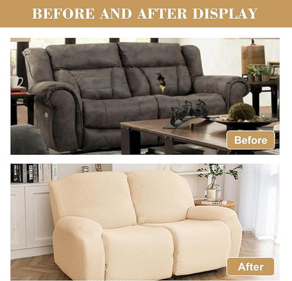 Jin Le 6 Pieces Recliner Cover Stretch Recliner Chair Cover - Reliner, Champagne 2 Seater Recliner Couch Covers Sofa Covers Jacquard Soft Furniture Protector with Elastic Bottom and Ties for Kids/Pets