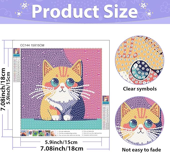 hkejoi Cat Diamond Painting Kits with Frame, Cat Diamond Art Kits, Cat Gem Art Kit, Crystal Art for Gift Home Wall Decor 7x7 Inch