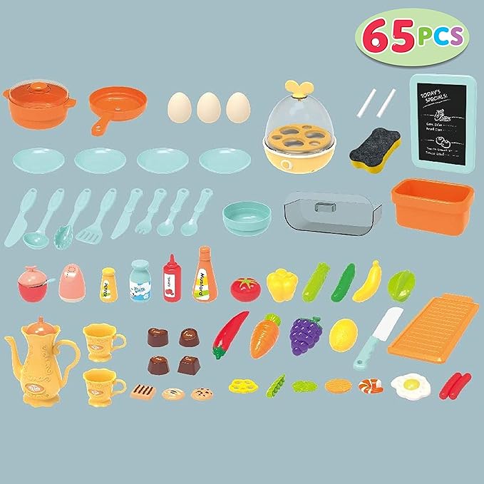 JOYIN 65PCS Kids Kitchen Playset (Easy Assembly), Play Kitchen with Realistic Lights & Sounds, Simulation of Spray, Play Sink with Running Water, Dessert Shelf Toy & Kitchen Accessories Set