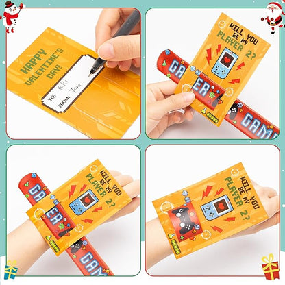 Haooryx Valentine's Exchange Gifts Bulk - 28-Piece Video Game Slap Bracelets with Greeting Cards Valentine's Day Kids' Multi-Item Party Favor Packs Class School Prizes Heartfelt Game Nights Reward