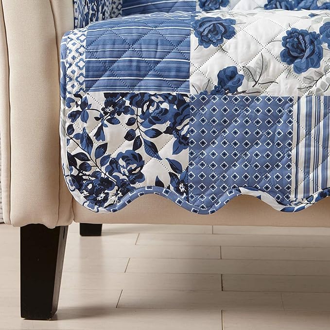 Great Bay Home Patchwork Scalloped Printed Furniture Protector Stain Resistant Recliner Cover (Recliner, Navy)