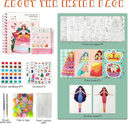 GOVOY Kids Fashion Design Drawing Book for Girls, Princess Dress-up Activity Book with Stickers, Poking, DIY Craft Kit, Kids Art Education Book