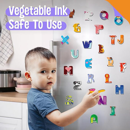 Magnetic Uppercase Letters, 26 Pieces Letter Magnets Educational Learning Tool Alphabet and Animal Recognition for Kids Toddlers 3 4 5 Years Old