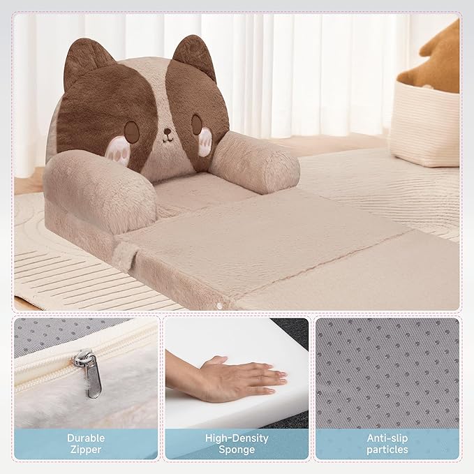 MONKISS 2-in-1 Toddler Couch Chairs Comfy, Kids Chair Couch, Mini Couch, Flip Out Sherpa Kids Sofa, Baby Couch, Chair for Toddlers 1-3, Kids Lounge Chair Reading Chair, Kids Couch Bed Fold Out, Dog