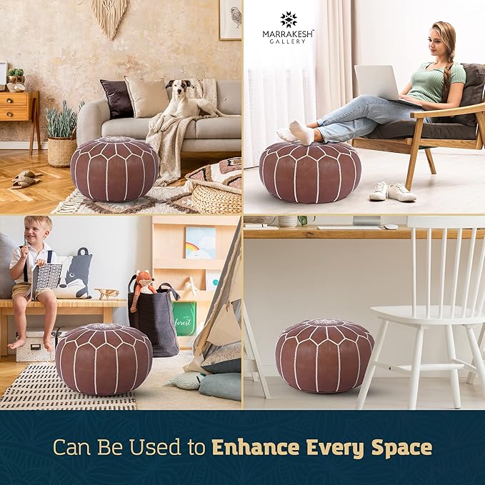 Marrakesh Gallery Genuine Leather Round Pouf Unstuffed - Moroccan Ottoman Footstool, Footrest Cover - Boho Decor - Bohemian Living Room, Bedroom, Kids Room, Gift & Wedding