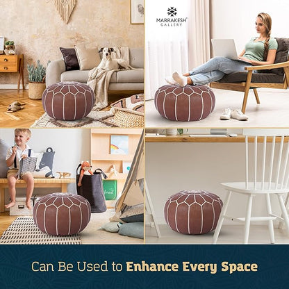 Marrakesh Gallery Genuine Leather Round Pouf Unstuffed - Moroccan Ottoman Footstool, Footrest Cover - Boho Decor - Bohemian Living Room, Bedroom, Kids Room, Gift & Wedding