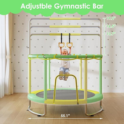 Trampoline for Kids, Upgrade Full Anti-Rust 440lbsToddler Trampoline with Net,Upgraded Ring Legs with Adjustable Gymnastics Bar&Toys, Gifts for Ages 1-8 Boys&Girls