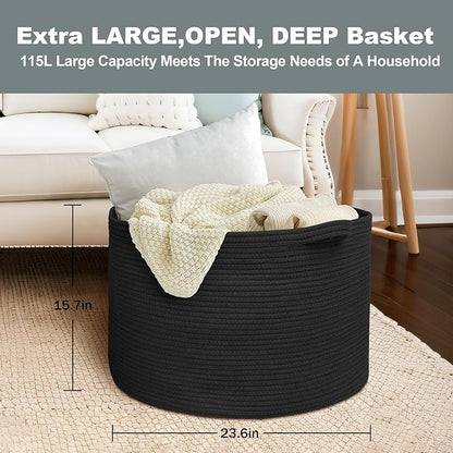 MEGASKET 115L Super Large Black Blanket Basket, 23.6"x15.7" Woven Rope Bin for Storage, Oversized Kids Dog Toy Storage Box Bins, XXXL Blanket Holder for Living Room, Jumbo Wicker Basket for Organizing