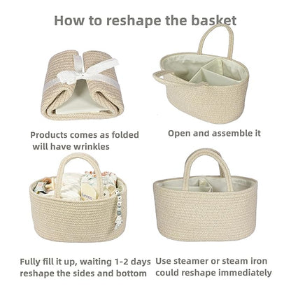 Baby Diaper Caddy Organizer for Girl Boy Cotton Rope Nursery Storage Bin Basket Portable Holder Tote Bag for Changing Table Car Travel Baby Shower Gifts Newborn Registry Must Have Items oatmeal