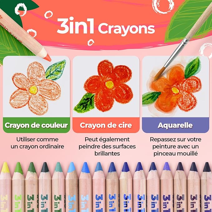 Gecko 3-in-1 Kids' Pencil Set | 48 Coloring Pencils with 2 Brushes, Sharpener, and Book for Ages 3 and Up | Ideal for Drawing, Pencil-Crayons, and Sets for Children