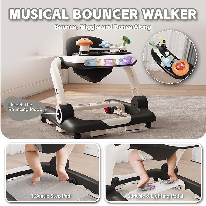 Baby Walker,4-Gear Height Adjustable Baby Walker with Wheels,5 in 1 Baby Activity Center,Music and Lights Bouncer Walker for Baby Boy 6-18 Months,Adjustable Speed Baby Push Walker