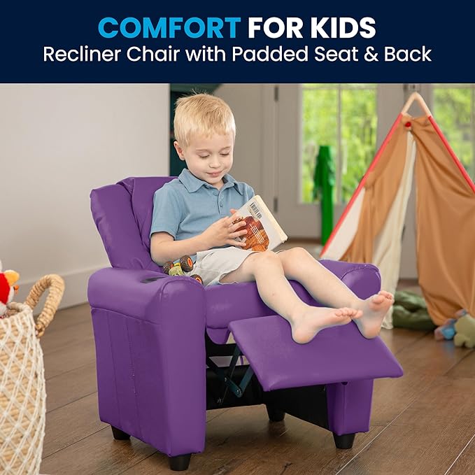 Flash Furniture Vana Vinyl Kids Recliner with Cup Holder, Headrest, and Safety Recline, Contemporary Reclining Chair for Kids, Supports up to 90 lbs., Lavender