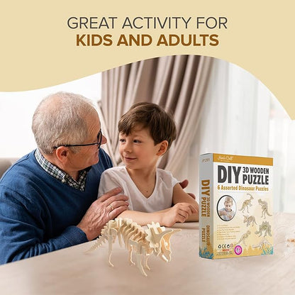 Hands Craft DIY 3D Wooden Puzzle – 6 Assorted Dinosaur Bundle Pack Set Brain Teaser Puzzles Educational STEM Toy Adults and Kids to Build Safe and Non-Toxic Easy Punch Out Premium Wood JP2B1