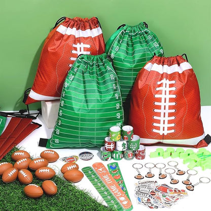 110 Pcs Football Party Favors for Kids 12 Sets Football Party Supplies Drawstring Bag Backpack with Keychains Mini Football Stress Balls Goodie Bag Stickers Toy Presents Gift Set Slaps Bracelets