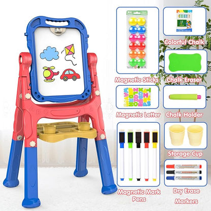 Amagoing Easel for Kids, Adjustable Standing Art Easel for Toddler, Double Drawing Board with Painting Accessories, Birthday Christmas Gift for Little Boys and Girls, Middle Size Blue+Red