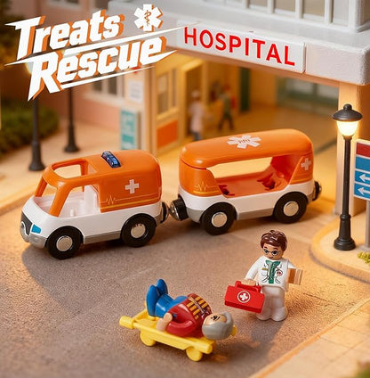 Giant bean 6pcs Magnetic Rescue Train Car Set with Sound & Light – 3 in1 Police, Fire & Ambulance Emergency Vehicles, Magnetic Coupling with Action Figures Accessories, STEM Play Toy for Kids 3+