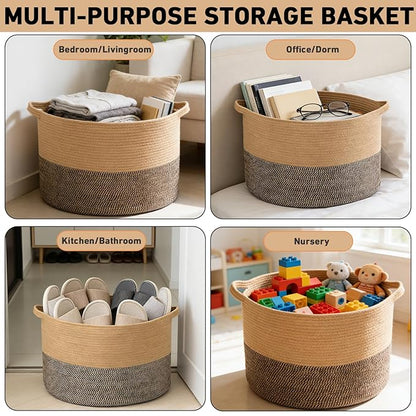 65L Large Blanket Basket,19.7" L x 19.7" W x 13" H Rope Woven Baskets with Handles, Toys Storage Bins,Laundry Basket Perfect for Living Room, Nursery,Bedroom,Home Organization,Jute&Black