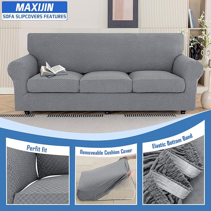 MAXIJIN 4 Piece Jacquard Extra Large Couch Covers for 3 Cushion Couch Super Stretch Non Slip Couch Cover for Dogs Pet Friendly Sofa Slipcover Furniture Protector (Oversized Sofa, Light Gray)