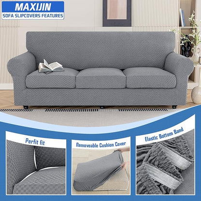 MAXIJIN 4 Piece Couch Covers for 3 Cushion Couch Super Stretch Non Slip Couch Cover for Dogs Pet Friendly Elastic Jacquard Furniture Protector Sofa Slipcovers (Sofa, Light Gray)
