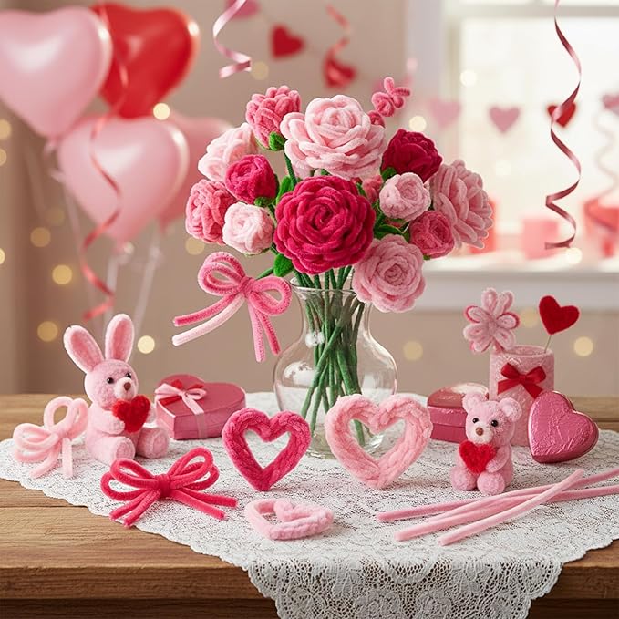 Caydo 300 Pieces Pink Pipe Cleaners, Thick Fluffy Chenille Stems, Pipe Cleaner Crafts for Arts & Crafts, Perfect for Making Animals, Flowers, and Easter Decorations