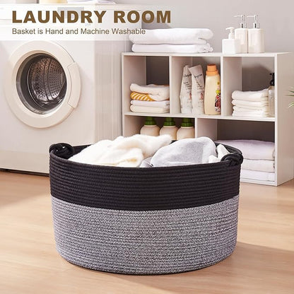 OIASKET Large Blanket Storage Basket for Living Room, 22.8" x 22.8" x 13" Woven Cotton Rope Basket with Handles, Baby Toy Storage, Laundry Hamper for Clothes, Pillows, Towels-Black and Grey