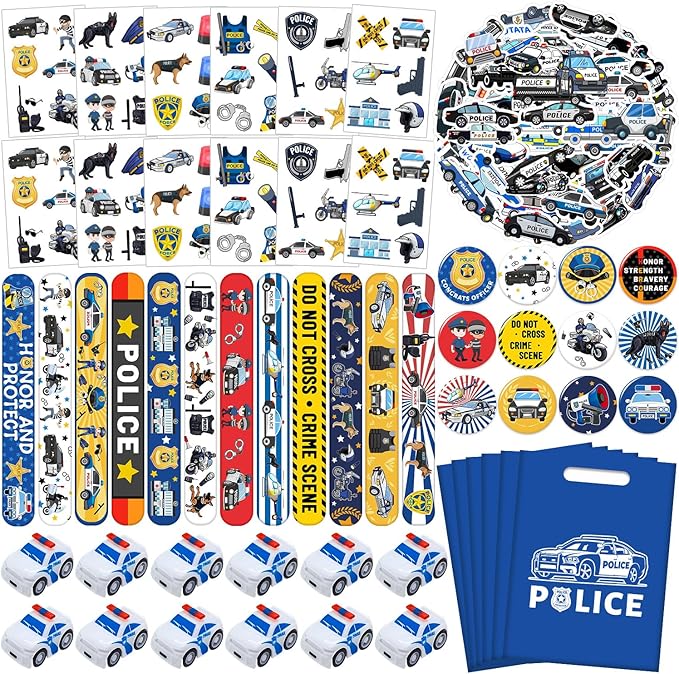Police Party Favors Kit, Police Party Decorations, 72Pcs Temporary Tattoos, 12Pcs Police Officer Slap Bracelets, 50PCS Police Stickers,12Pcs Mini Police Toy Cars, 12Pcs button badge, 12Pcs Gift Bags