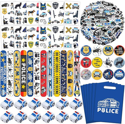 Police Party Favors Kit, Police Party Decorations, 72Pcs Temporary Tattoos, 12Pcs Police Officer Slap Bracelets, 50PCS Police Stickers,12Pcs Mini Police Toy Cars, 12Pcs button badge, 12Pcs Gift Bags