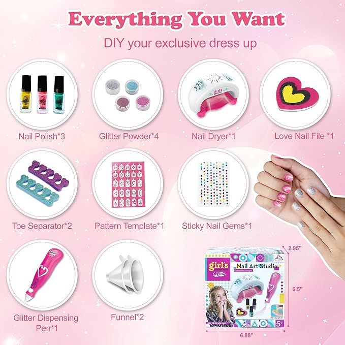 Kids Nail Polish Set for Girls Ages 5-12 Years Old, All-in-One Nail Art Kit with Nail Dryer/Glitter Pen/Nail Polish/Glitter Powder/Toe Separator/File, Toys Gifts for Girl 5 6 7 8 9 10 11 12