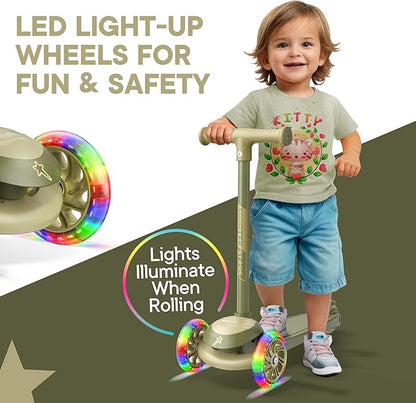3 Wheel Scooter for Kids, Smooth Light Up LED Front Wheels, Wide Anti Slip Deck, Rear Foot Brake, Easy Lean to Steer Maneuvering, Indoor & Outdoor Ride On Toys for Ages 2 Up,