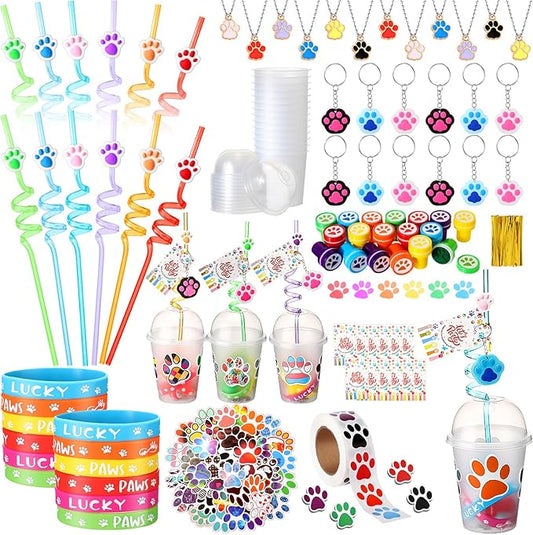 Gejoy 178 Pcs Dog Paw Party Favors Set Includes Paw Straws Cups Silicone Bracelet Keychain Stamper Sticker Pendant Chain Thank You Tag for Boy Girl Dog Theme Party Supplies(Dog Paw)