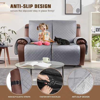 KinCam Loveseat Recliner Covers for 2 Seat, 100% Waterproof Reclining Loveseat Covers, Non-Slip Recliner Cover Furniture Protector with Elastic Straps for Pets, Kids, Light Gray