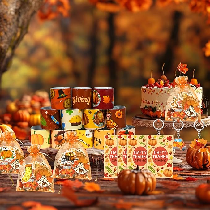 110 PCS Thanksgiving Party Favors Autumn Party Supplies with Key Chains Button Pins Stickers Rubber Bracelets for Fall Party Favors Decorations Classroom Prizes