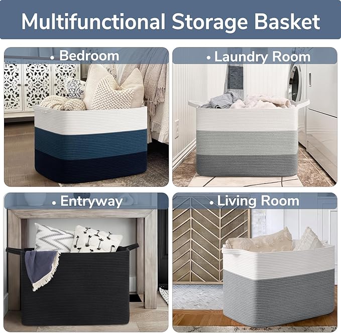 Goodpick 105L Extra Large Woven Basket 25" x 16" x 16" Cotton Rope Storage Baskets for Organizing, Rectangle Blanket Basket Living Room, Toy Storage Baskets for Kids, Blue