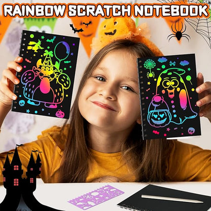 Halloween Scratch Art Party Favors: 16 Pack Rainbow Scratch Notebook Paper Party Favors for Kids Halloween Goodie Bags Stuffers Girls Boys Art Craft Birthday Gifts for Students Classroom Crafts