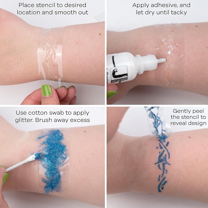 Jacquard Glitter Body Art Kit - Complete Glitter Tattoo Kit for Kids and Adults - Temporary Glitter Tattoos for Parties or Events - Glitter Tattoo Stencils 3 Jars of Glitter, Adhesive, & Instructions