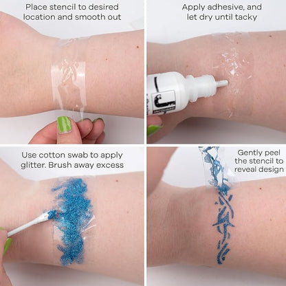 Jacquard Glitter Body Art Kit - Complete Glitter Tattoo Kit for Kids and Adults - Temporary Glitter Tattoos for Parties or Events - Glitter Tattoo Stencils 3 Jars of Glitter, Adhesive, & Instructions