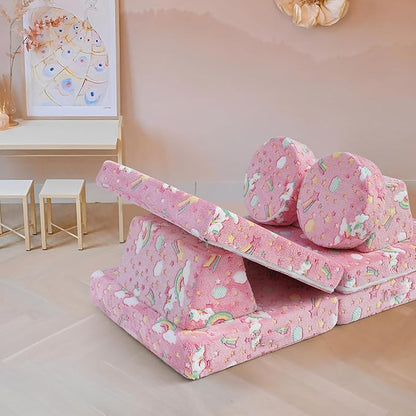 MeMoreCool Modular Pink Unicorn Glow-in-The-Dark Kids Play Couch, 8-Piece Convertible Toddler Sofa for Playroom