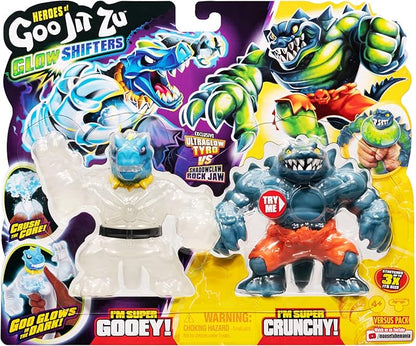 Heroes of Goo Jit Zu Glow Shifters - Versus Pack, Ultraglow Tyro VS Shadowclaw Rock Jaw. One with Unique Glow-in-The-Dark Goo Transformation. Crush The core, Goo Glows in The Dark (42620)