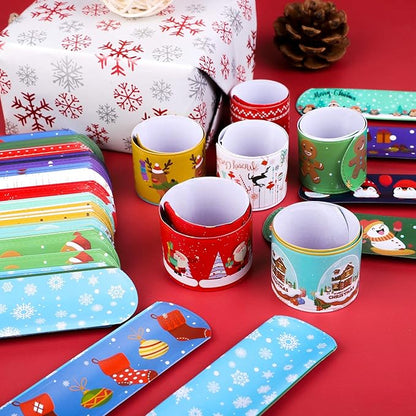Elcoho 72 Pieces Christmas Snap Bracelets Xmas Party Favors Slap Bracelets Assorted Christmas Pattern Slap Wristband for Christmas Party Favors