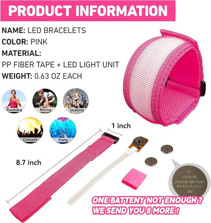 8 PCS LED Glow Bracelets, Light Up Wristbands - Halloween Glow in The Dark Party Bracelets Favors Supplies for Christmas, Concerts, Festivals, Game Prizes, Sports, Rave Accessories（Pink）