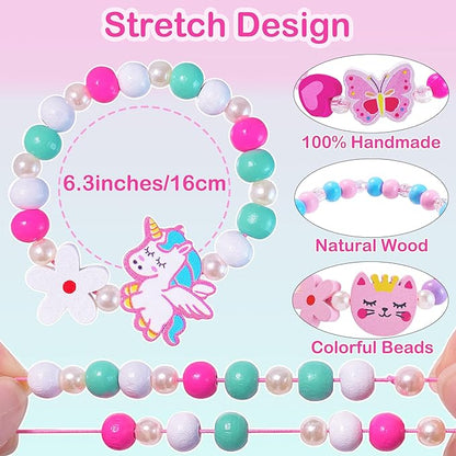 12 PCS Girls Bracelet for Kids Unicorn Mermaid Wooden Beaded Bracelets Birthday Party Favors Goodies Bag Stuffers Fillers Cute Pinata Stuffers Rainbow Butterfly Heart Jewelry Gifts